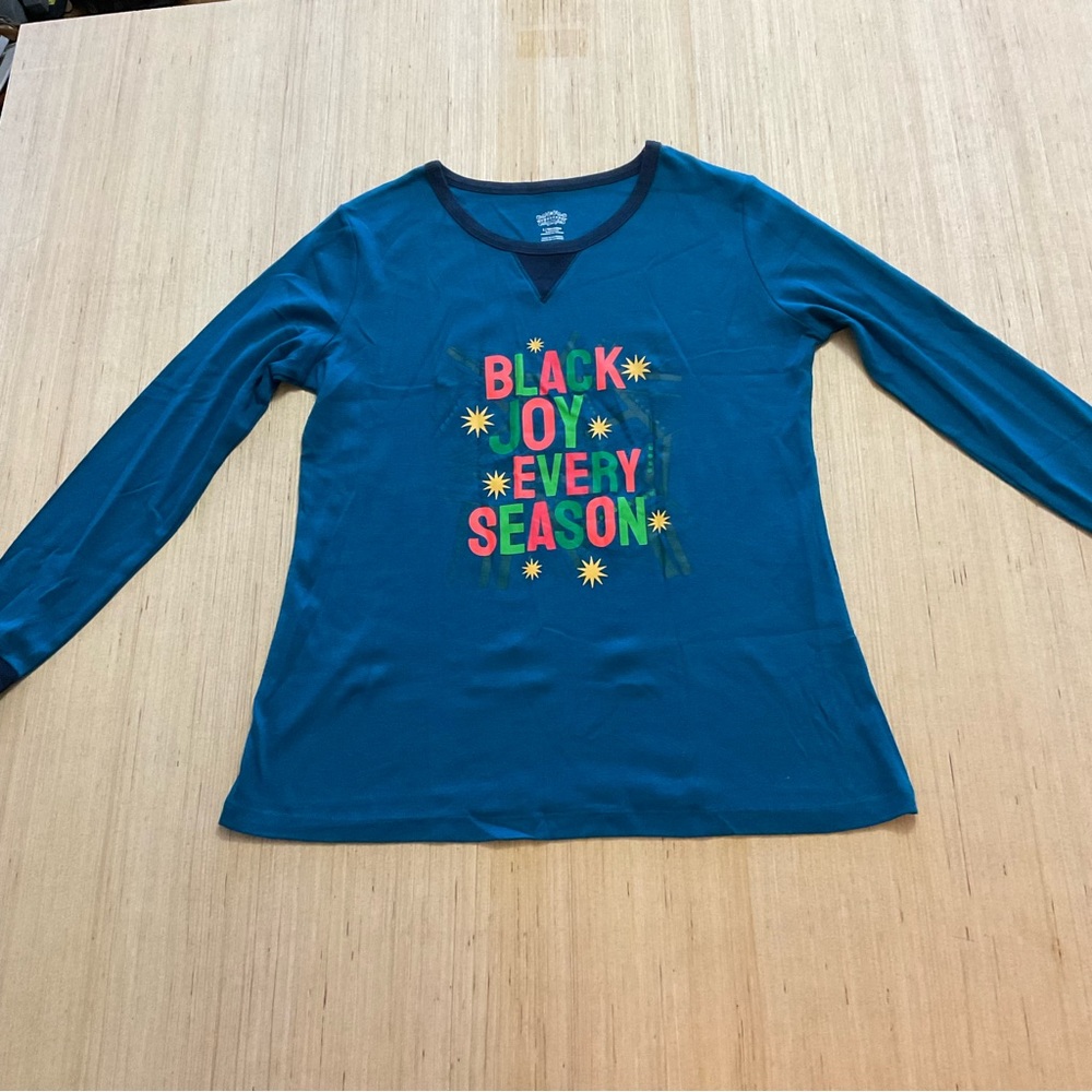 Wondershop Womens Sleep Shirt L Blue Christmas Black Joy Long Sleeve Cotton Tee